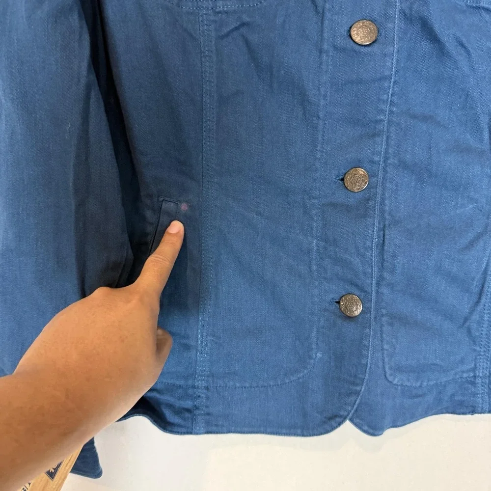 Chico's‎ Jacket Womens 3 Blue Denim Button Front Embroidered Back Boho Casual